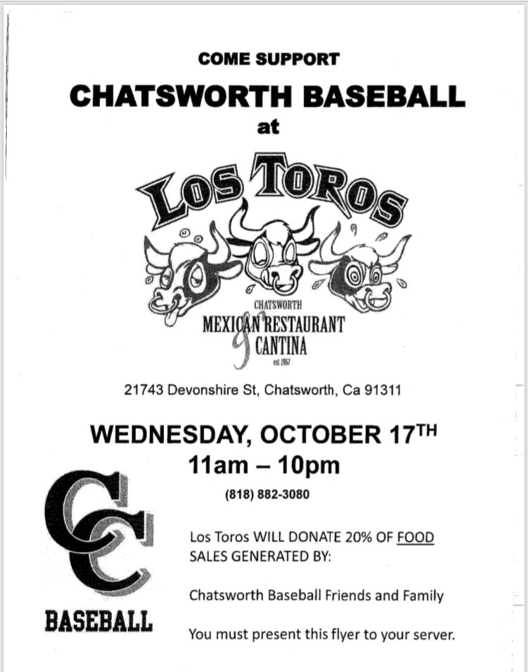 Read more about the article Take a Swing at Los Toros Mexican Cantina to Benefit Chatsworth High Baseball – Chatsworth